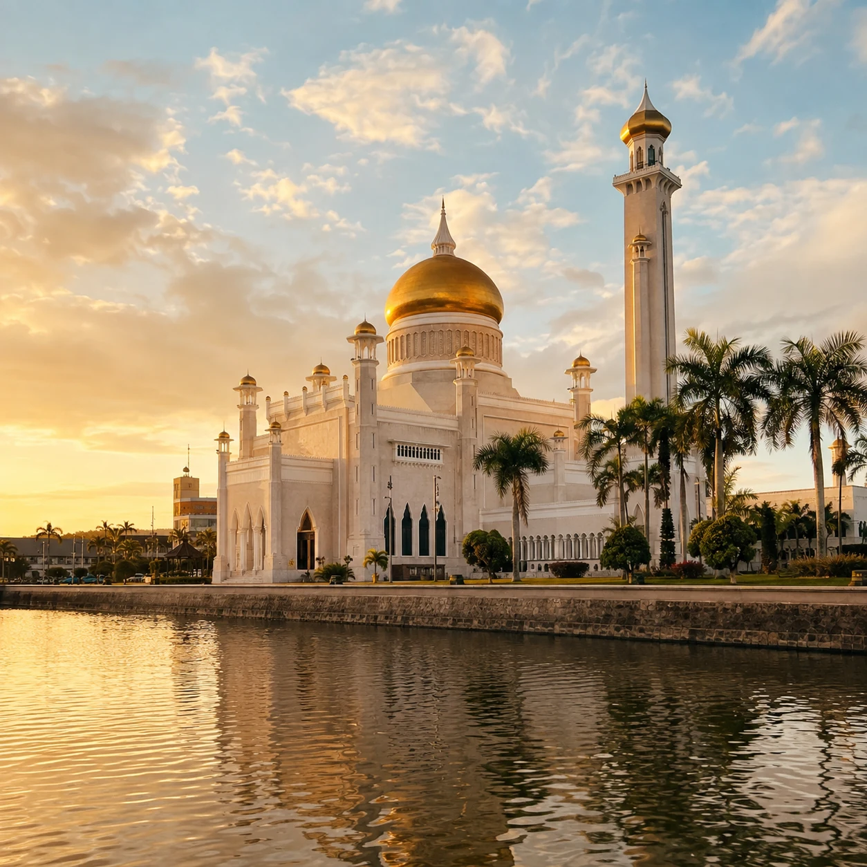 A Brunei-inspired golden-domed mosque reflected in water at sunset
