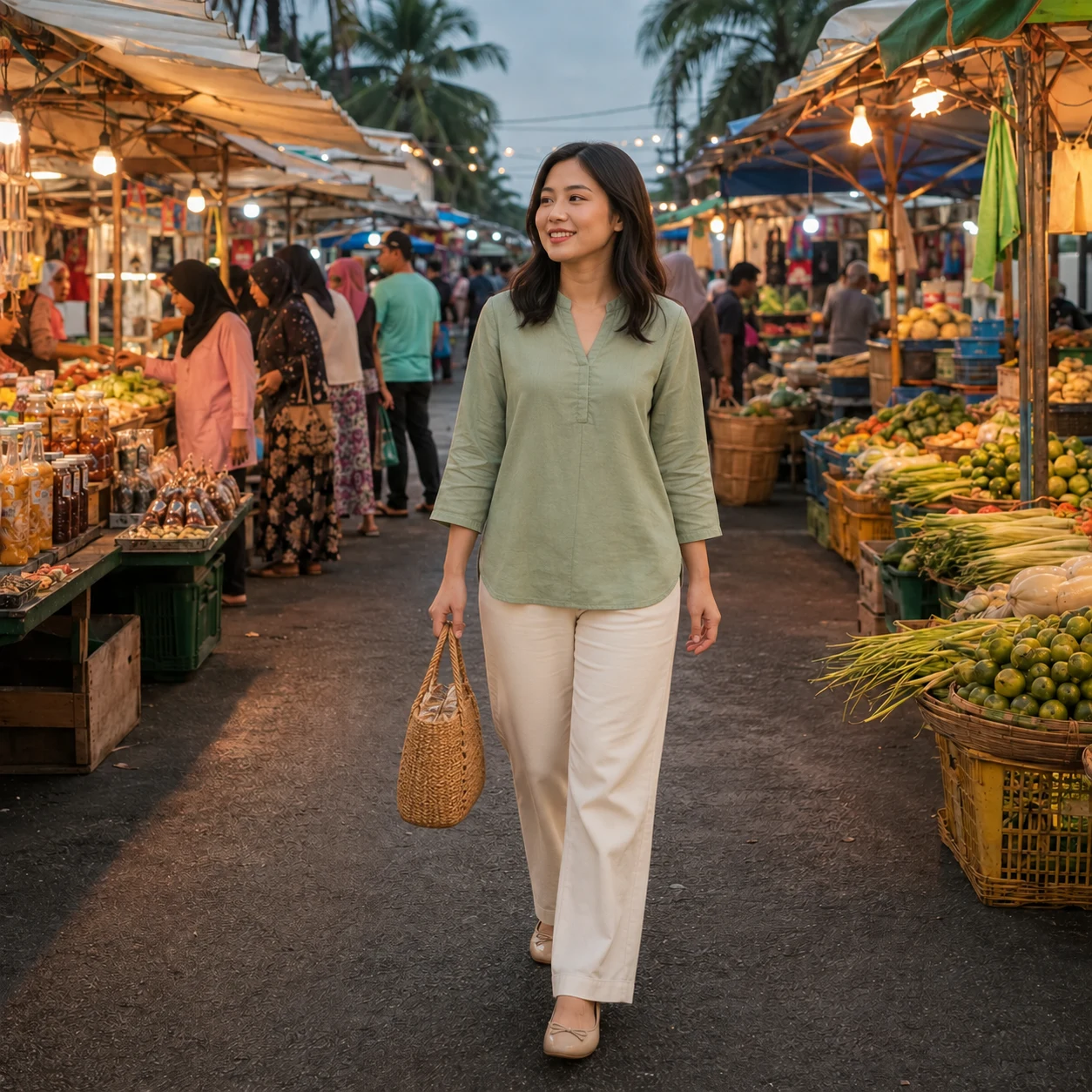 A Chinese woman with uncovered dark hair, a sage blouse and cream trousers at a local market