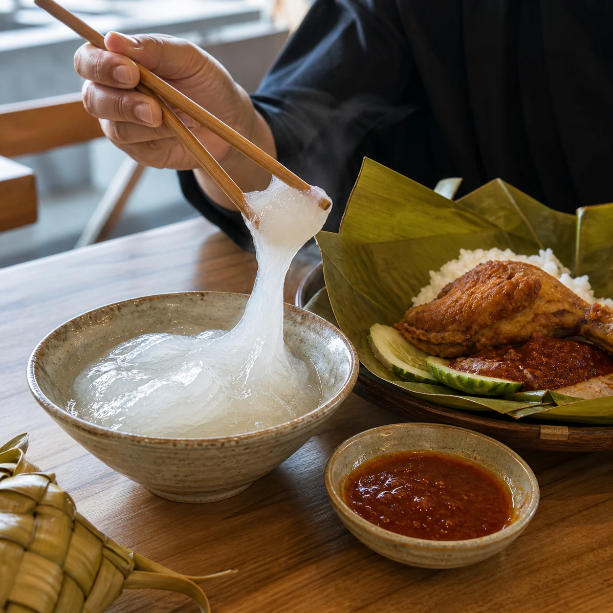 Ambuyat lifted with bamboo utensils beside nasi katok