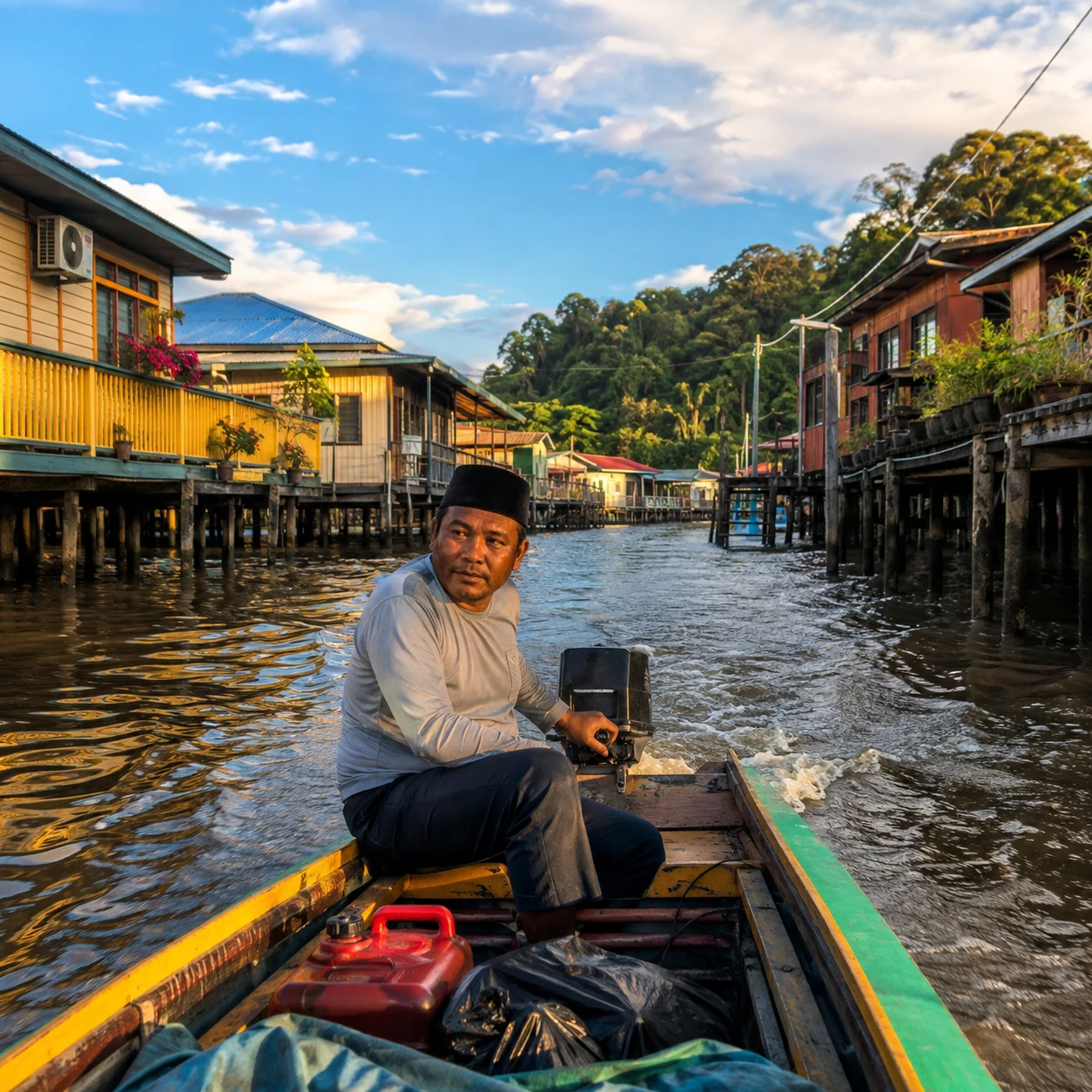 A water taxi among Kampong Ayer-inspired stilt houses